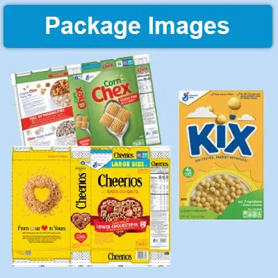 Package images of General Mills cereals such as Cheerios, Chex, and Kix.